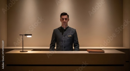 Night porter in a modern hottel lobby. Hospitality, service, and travel assistance.