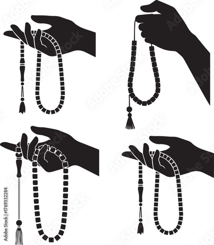 Silhouette hands holding islamic prayer beads for meditation and spiritual practice silhouette