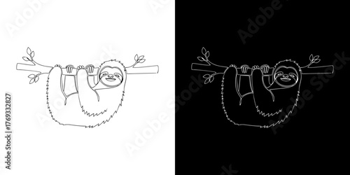 A line drawing depicts a sloth hanging from a tree branch.