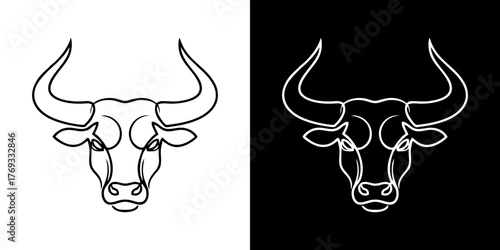 Outlined bull head presented with contrasting backgrounds, black and white.