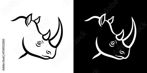 Stylized rhino head illustration in black and white, presented with inverted color schemes.