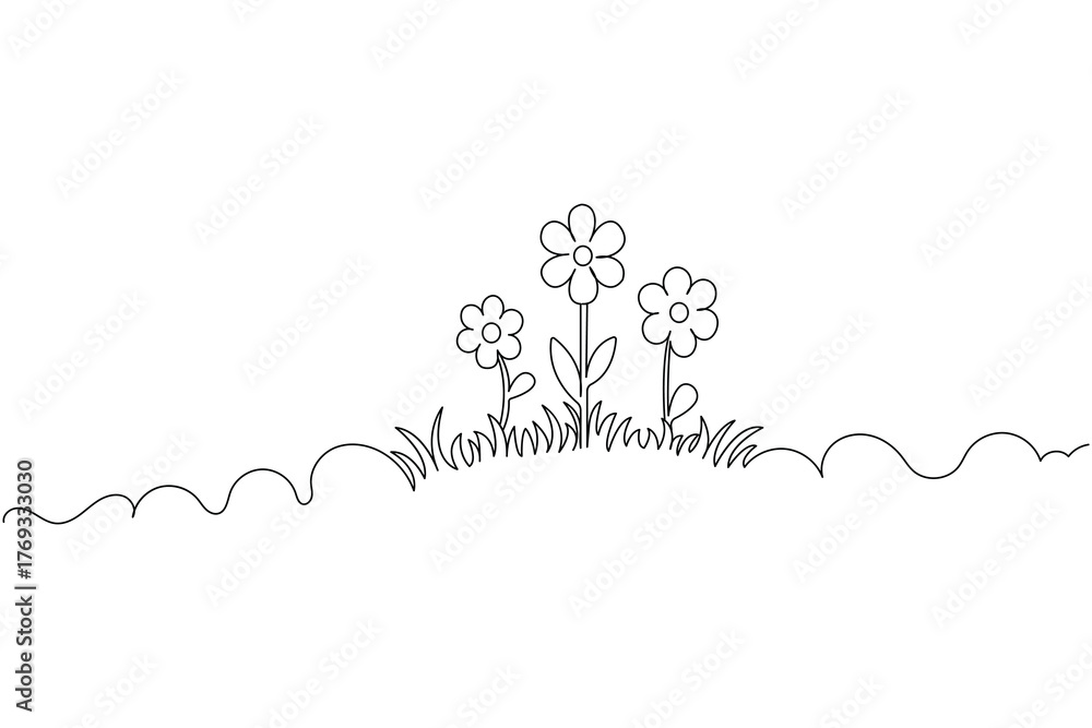 Fototapeta premium Minimalist floral line art with blooming flowers and grass outline design