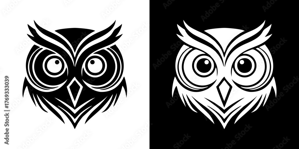 Obraz premium Stylized Owl Head in Black and White A Striking Vector Illustration