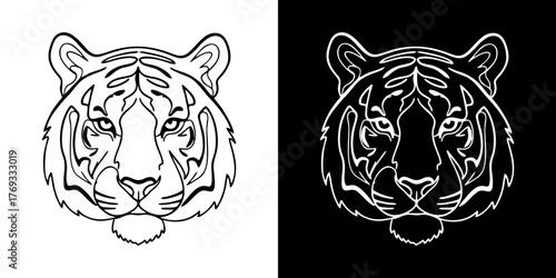 Two tiger head outlines, one with black lines on white, the other with white lines on black.