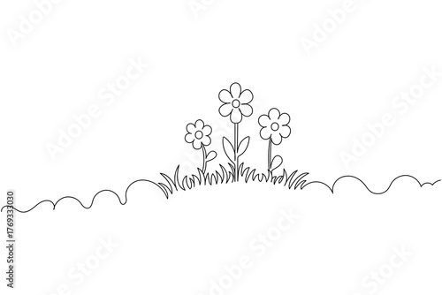 Minimalist floral line art with blooming flowers and grass outline design