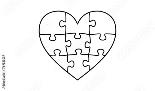 Heart shaped jigsaw puzzle with nine pieces in a simple line drawing