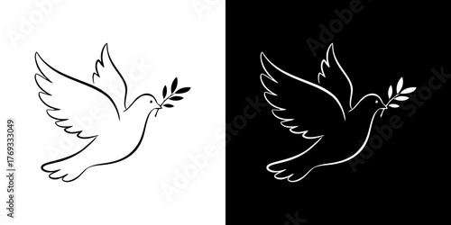 Elegant minimalist line art illustration of a graceful flying dove carrying an olive branch, a timeless symbol of peace, hope, and freedom, presented on contrasting backgrounds