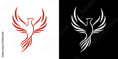 Stylized illustration of a phoenix bird, presented in two contrasting color schemes.
