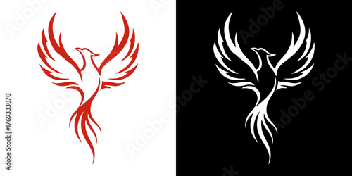 A stylized illustration of a phoenix bird in two contrasting color schemes.