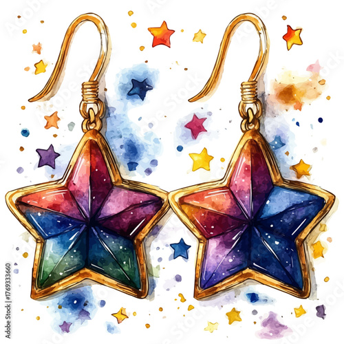Star Earrings, watercolor illustration vector, isolated on a white background.