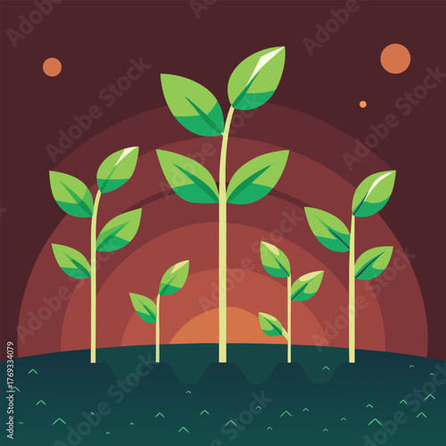 Sprouts at Sunrise – Symbolic Growth and Nature Cycle Vector Illustration