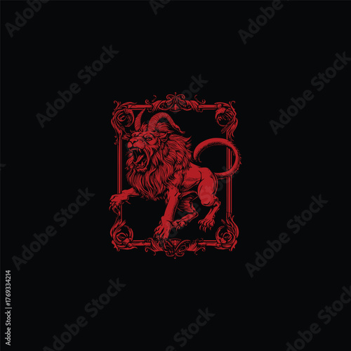 Dark and dramatic vector illustration featuring a monstrous chimera creature, a blend of a powerful lion with aggressive goat horns and a thick mane, roaring fiercely