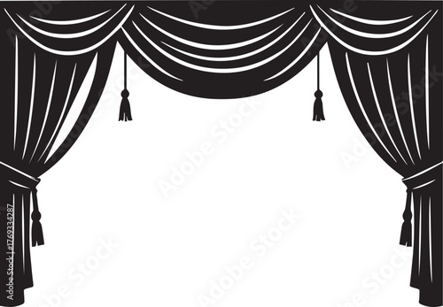 Drapery and tassels elegant theater stage curtains with swag design silhouette