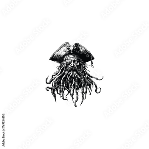 engraving style illustration of a fearsome tentacled sea monster pirate captain wearing a tricorn hat
