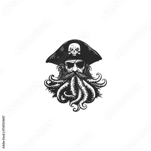 illustration of an angry pirate captain wearing a tricorn hat with a skull and crossbones emblem. His beard is creatively replaced by detailed octopus tentacles