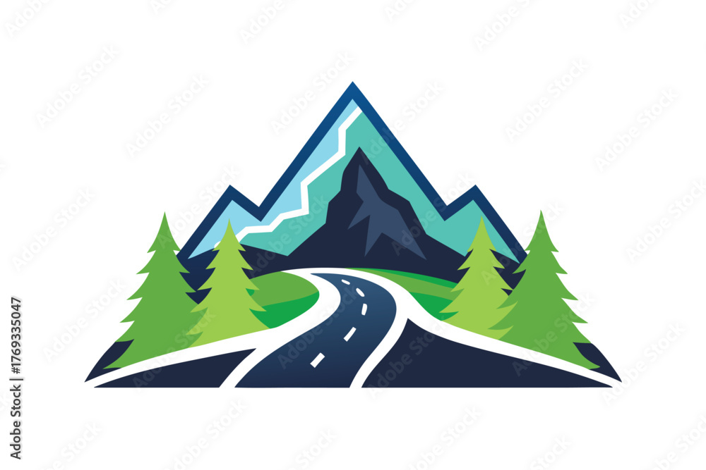 Obraz premium mountain with road and pine tree icon vector in white background