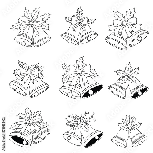 Set of nine hand-drawn Christmas bell illustrations with holly and bows.