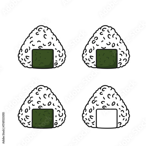 Four cartoon onigiri rice balls, three with green nori seaweed and one with white outline.