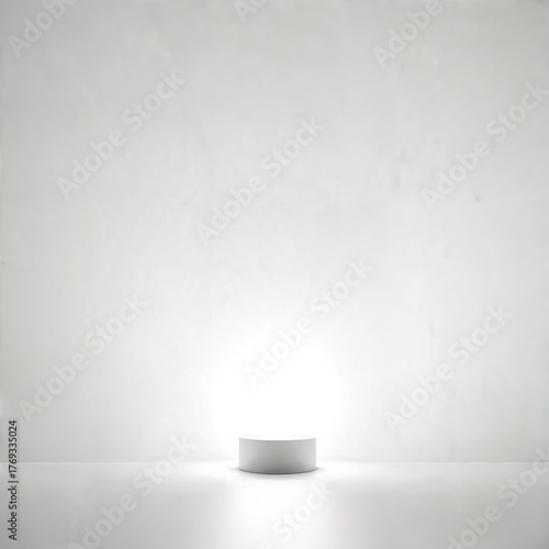 Fototapeta Naklejka Na Ścianę i Meble -  This minimalist image features a simple white lamp emitting a soft glow against a clean white wall. The lamp serves as a focal point, radiating light that brightens the empty space. The gentle illumin