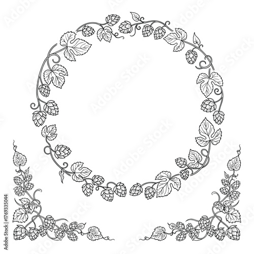 Outline illustration of hop vines forming a circular frame and corner embellishments.