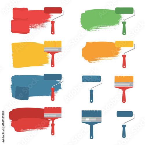 Collection of various paint rollers and brushes with colorful paint strokes on a white background.