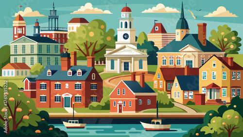 Very beautiful historical town of New Castle, Delaware, showcasing charming colonial architecture, cobblestone streets, vintage brick buildings, and scenic waterfront views along the Delaware River 