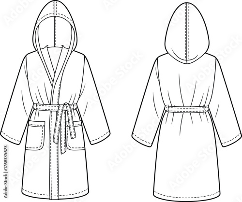 Technical flat sketch of hooded bathrobe front and back view with belt and pockets for fashion design vector illustration