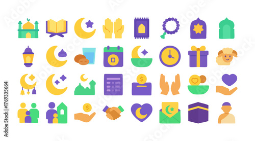 Islamic Flat Icon Set Vector — 32 Colorful Muslim Icons for Ramadan, Eid, Mosque, Zakat, and Hajj Pilgrimage