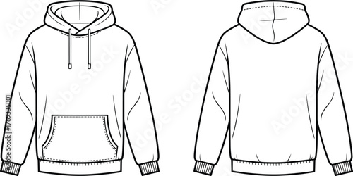 Technical flat sketch of hooded sweatshirt front and back view for fashion design, apparel template, clothing mockup, vector illustration