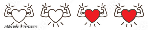 Strong healthy heart icons set isolated on transparent background. Linear and solid symbols of cardio health, sport, wellness, and medical care. Editable stroke.