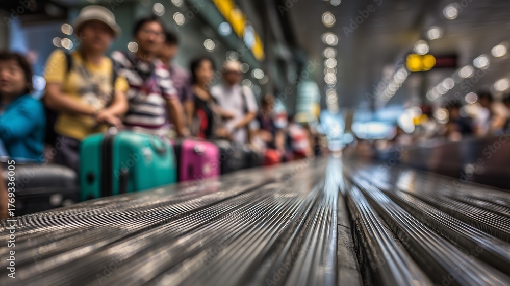 Obraz premium Travelers stand in line at the busy airport baggage claim, each waiting for their luggage to arrive. The excitement and anticipation are evident as the travelers hope to retrieve t