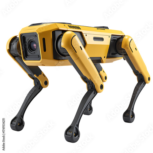 Yellow robotic dog with articulated legs and camera on its head isolated on transparent background