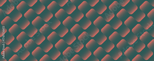 Vector abstract wide panoramic red green background with halftone rounded rhombus flow. Grainy texture and vibrant motion for modern psychedelic UI, 3D illusion art, optical layouts, mod design vibes