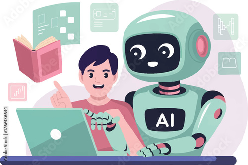 Ai robot assistant holding book and learning from data. Characters teaching Ai robot assistant from data. Budget planning and savings set. 