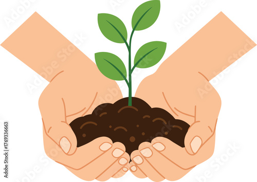 Two cupped hands gently holding a small green plant with soil, symbolizing growth and care.