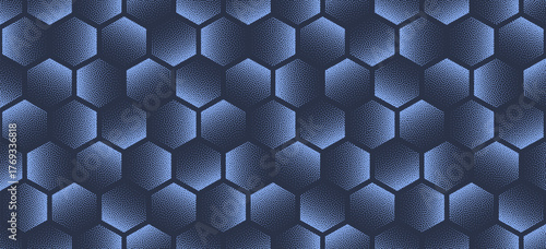 Vector hi-tech style abstract wide panoramic background with halftone blue hexagons. Grainy texture and tech structure design for UI systems, digital panels, dashboards and modern innovation graphics