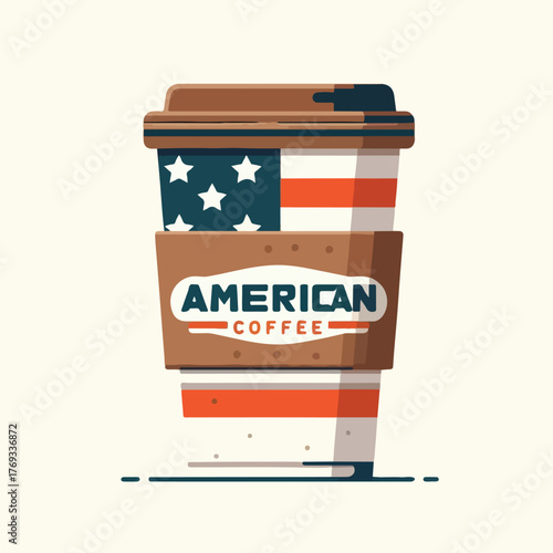 Americano coffee in a cup with a simple and minimalist flat design using a white background