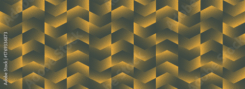 Vector abstract wide panoramic background with halftone yellow green hues chevron pattern. Grainy texture and retro rug vibes for textile design, print media, banners and fabric-inspired graphics
