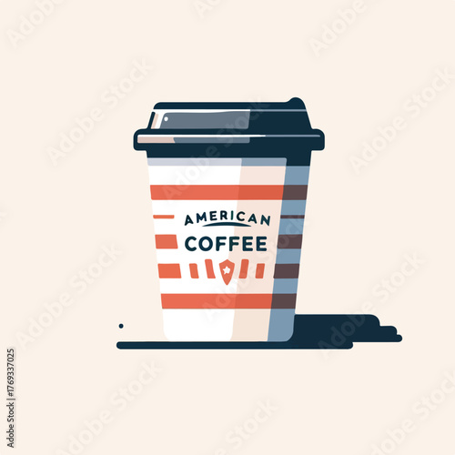 Americano coffee in a cup with a simple and minimalist flat design using a white background