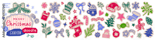 Christmas whimsical doodle icons. Xmas sticker illustration bg. Christmas collage and scrapbook set with frame. Xmas tree, Santa hat, bow, stockings, gift. Holiday whimsical vector pattern, winter fun