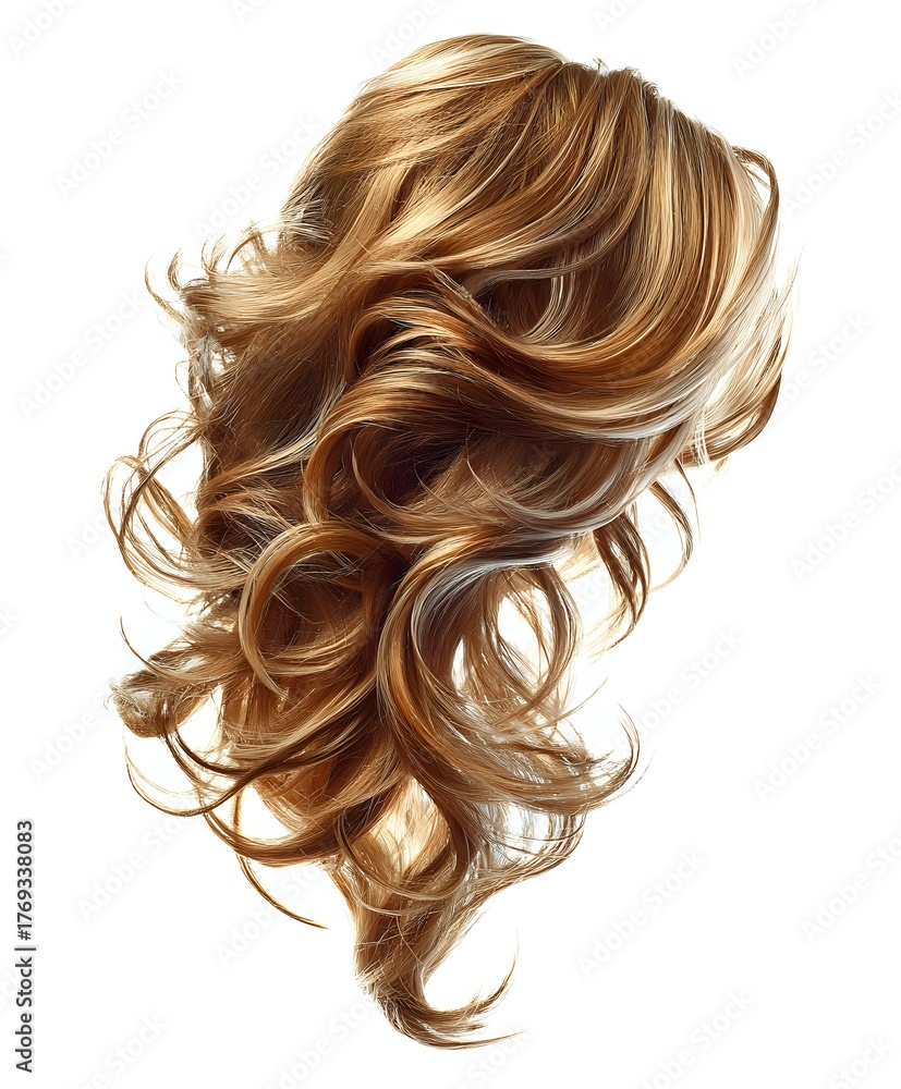Naklejka premium Flowing blonde and caramel highlighted hair with natural waves and curls isolated on white background, ready for hair salon and beauty advertising designs.