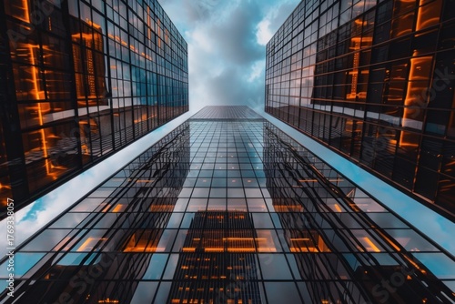 Low angle view of modern skyscrapers reflecting each other under a cloudy sky