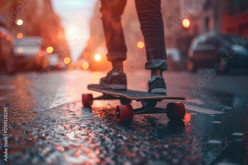 Young man skateboarding on wet city street at sunset, enjoying urban lifestyle and freedom