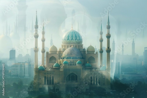 Majestic crystal mosque glowing in the misty morning of kuala terengganu, malaysia, a beautiful blend of islamic architecture and modern cityscape