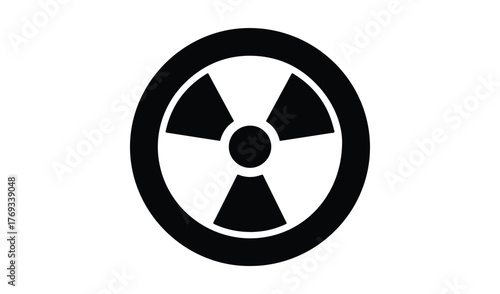 Black and white radiation hazard symbol inside an oval shape