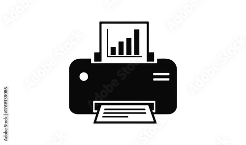 Black and white icon of a printer outputting a bar graph report