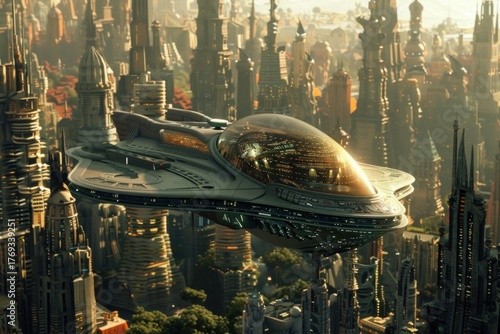 Futuristic spaceship with a glass dome is soaring above a sprawling metropolis with towering skyscrapers and intricate architecture