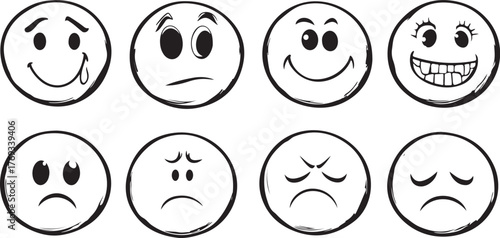 A set of funny yellow smiley cartoon icons with various expressions