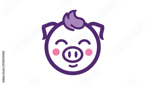 Cute cartoon pig face with purple mohawk and rosy cheeks