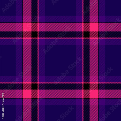 Apparel check fabric vector, costume tartan plaid textile. Crossed seamless texture background pattern in indigo and violet colors.